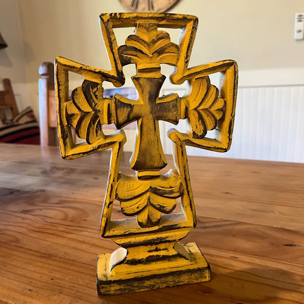 Distressed Yellow Wood Decorative Cross